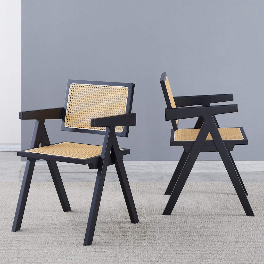 2 Piece Rattan Solid Wood Kitchen Dining Chair with Cushions, Backrests, Armrests for Dining Room Kitchen Living Room Bedroom