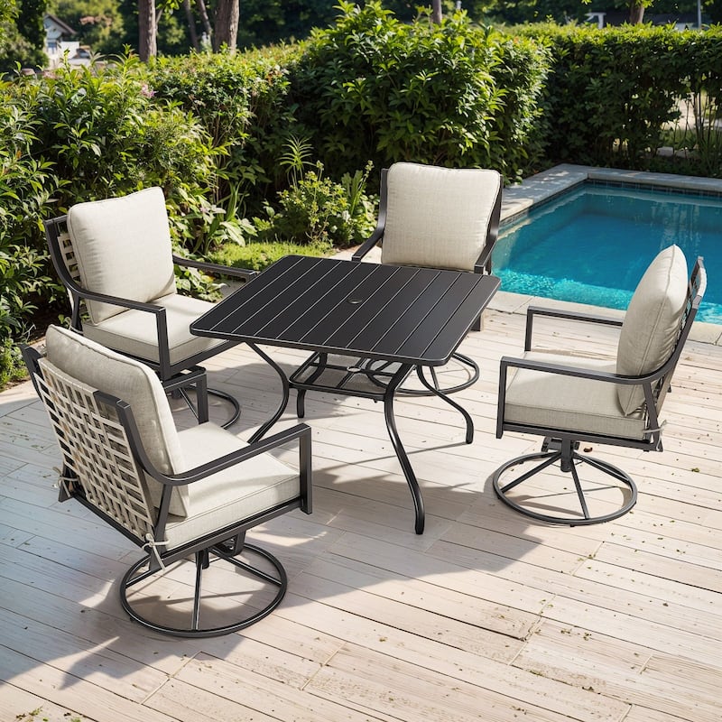 5-Piece Outdoor Patio Dining Set with 4 Swivel Chairs & 1 Square Table - Bistro Set for Garden, Deck, Backyard, Porch - Black