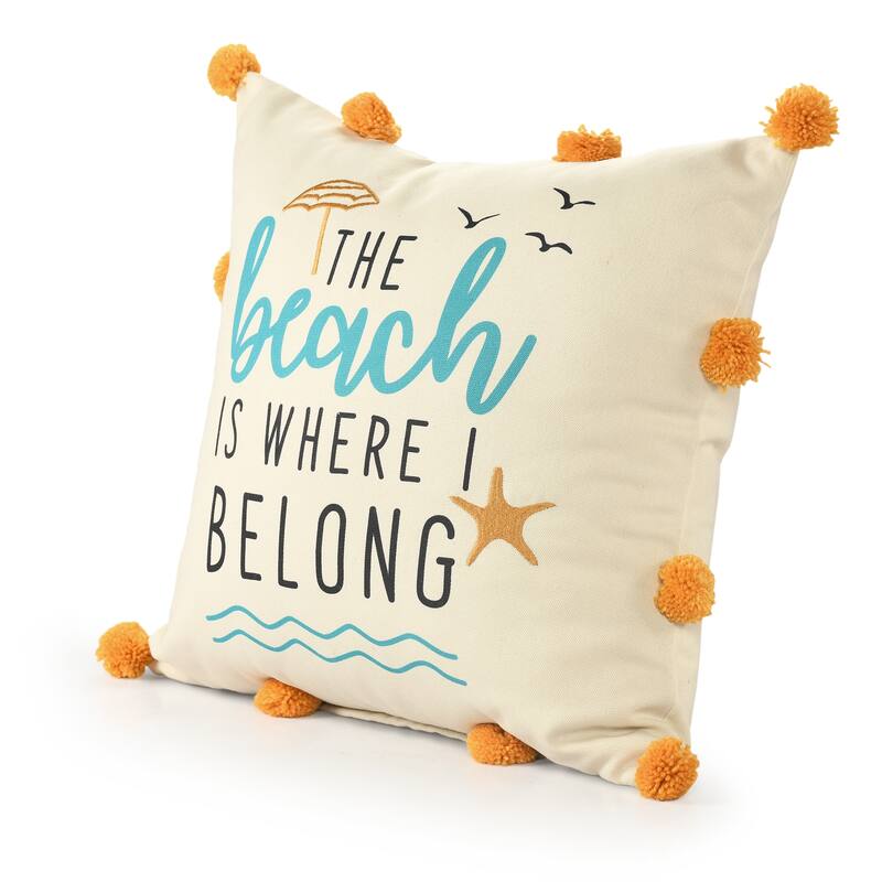 Beach Printed Square Throw Pillow with Pom-Pom - 18" - Beige and Orange