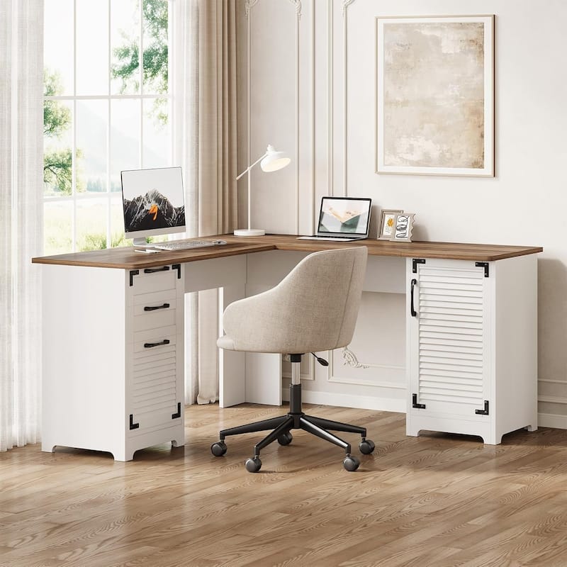 59 Inches White/ Brown Engineered Wood L Shaped Computer Desk with Power Outlet, Corner Executive Desk with Drawer & Cabinet - White & Brown