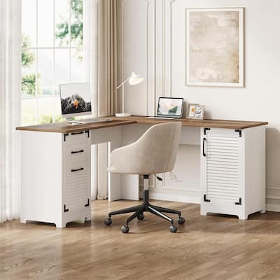 59 Inches White/ Brown Engineered Wood L Shaped Computer Desk with Power Outlet, Corner Executive Desk with Drawer & Cabinet