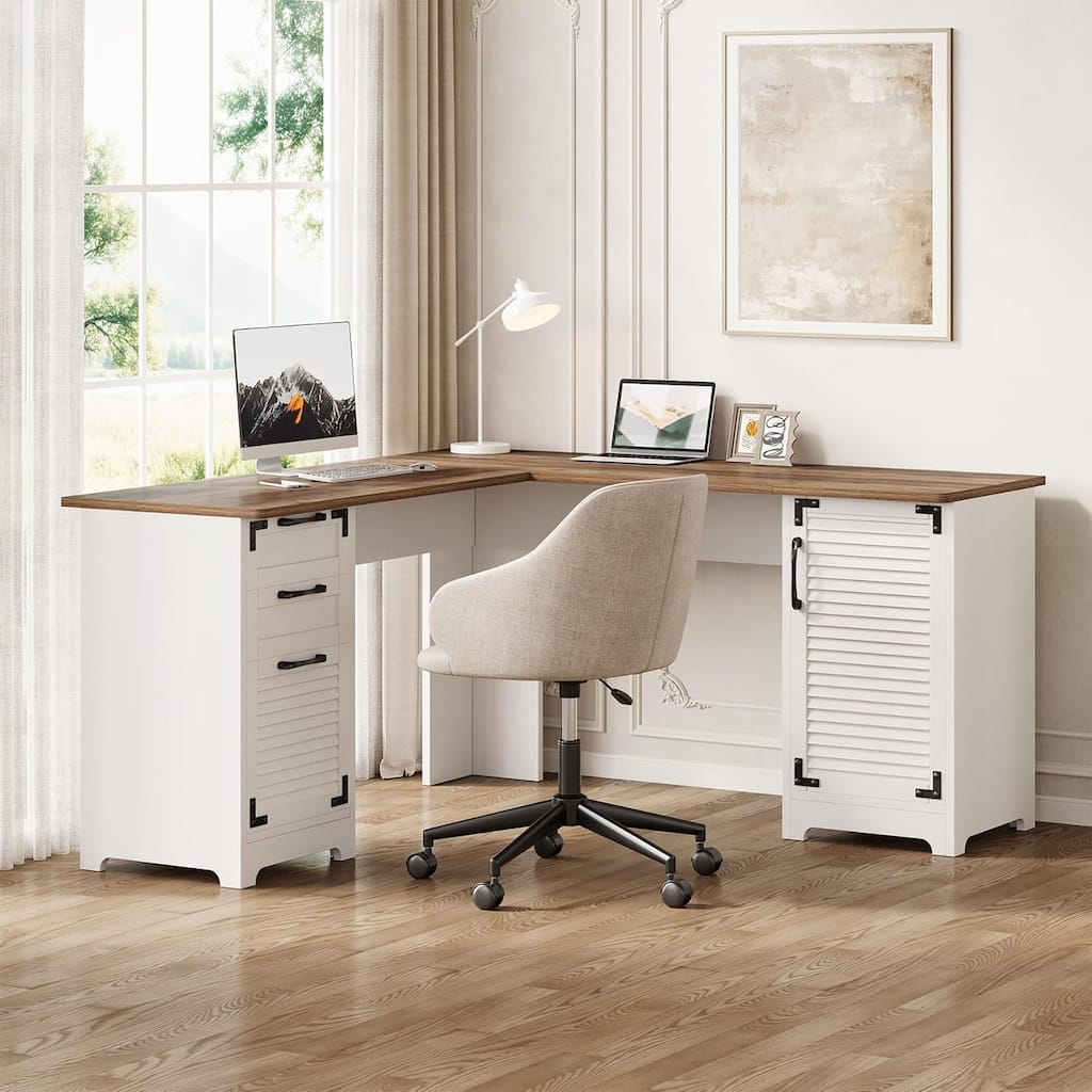 59 Inches White/ Brown Engineered Wood L Shaped Computer Desk with Power Outlet, Corner Executive Desk with Drawer & Cabinet