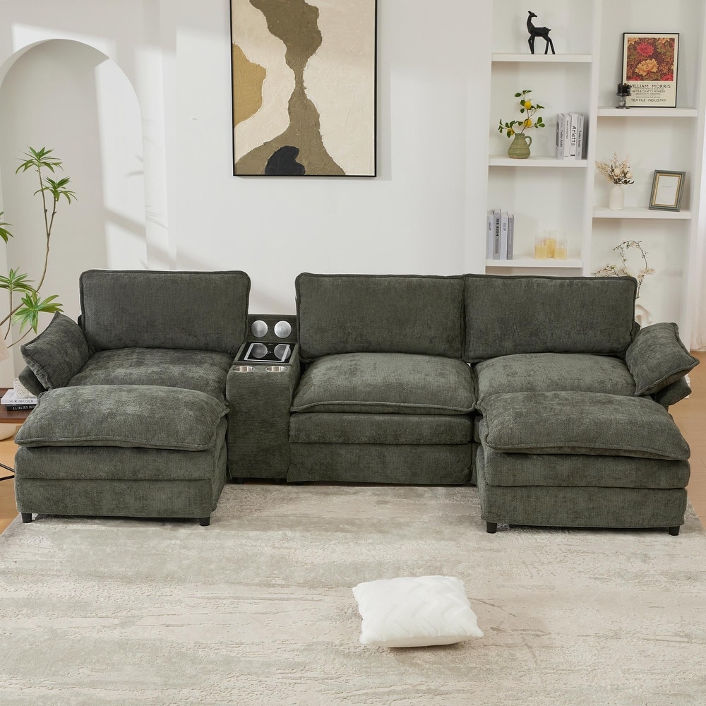 Modular Sectional Sofa, U Shaped Couch with 2 Ottomans, Storage Console & Wireless Charging, 2 Cup Holders, Bluetooth Speakers