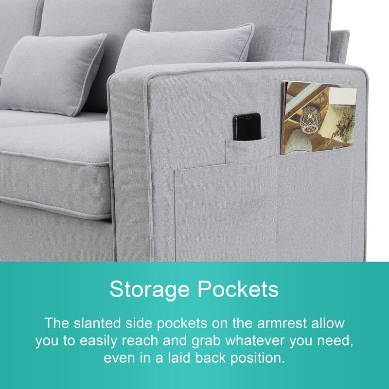 104"Upholstered Sofa Couch with Armrest Pockets and 4 Pillows, 4-Seater Modern Linen Fabric Sofa Minimalist Style Couches