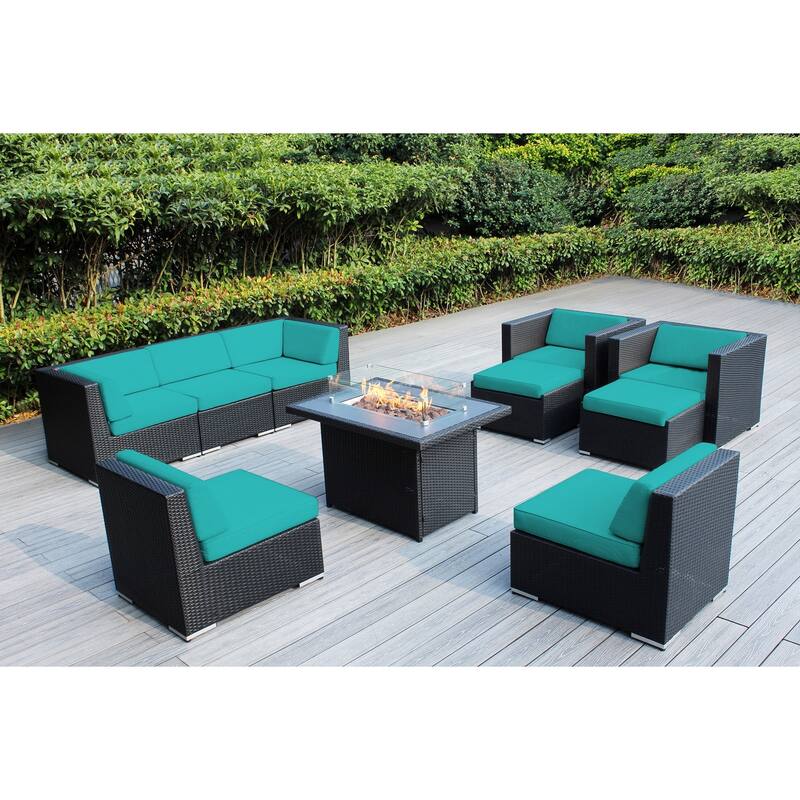 Ohana 10 Piece Black Wicker Patio Sectional Set with Fire Table - Sunbrella Aruba