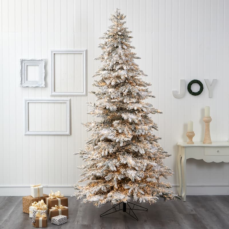 9ft. Flocked Grand Fir Artificial Christmas Tree with 8208 Warm Cluster Lights & 1818 Branches - Dazzling Winter X-Mas Showpiece