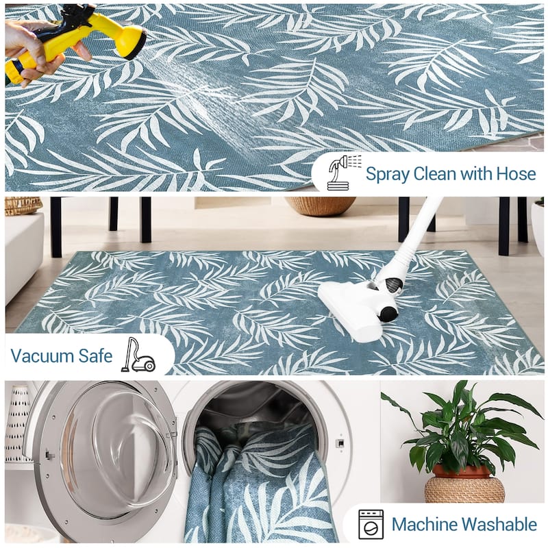 Modern Washable Area Rug - With Tropical Leaf Pattern for Living Room, Bedroom, Soft Non Slip Non Shedding