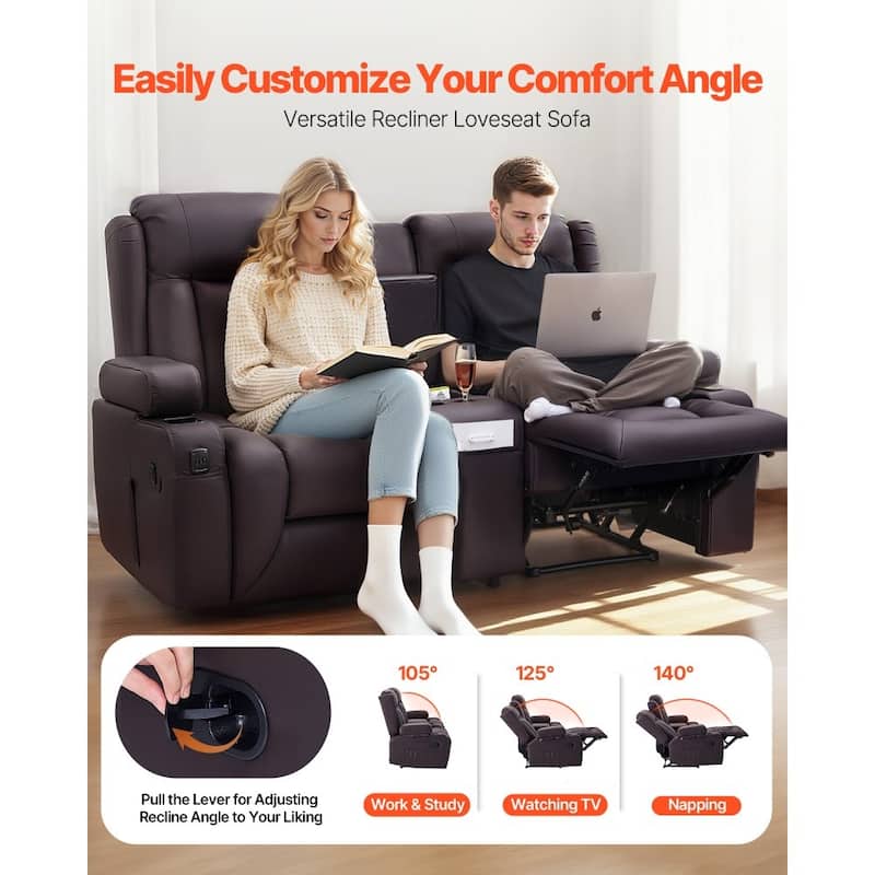 Brown PU Leather Manual Recliner Loveseat with High Back, Storage and Cup Holders - 65.5 x 36.2 x 40.9 in