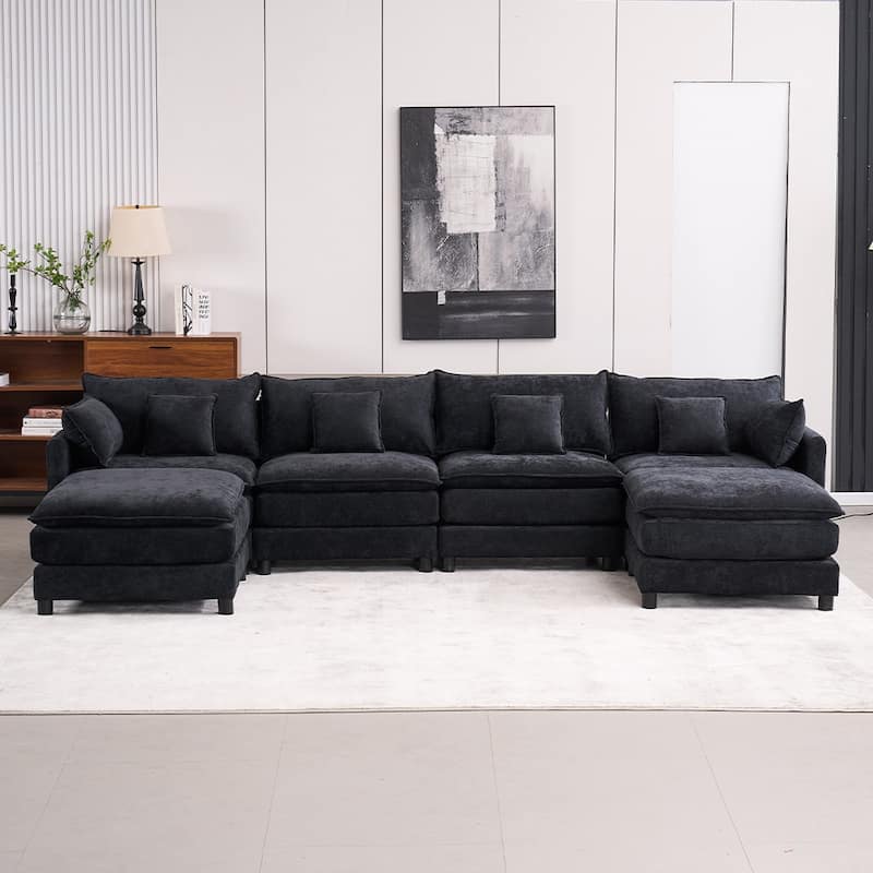 131.89" Chenille U-Shaped Sectional Sofa Bed with Sleeper & Iron Frame Support - Black