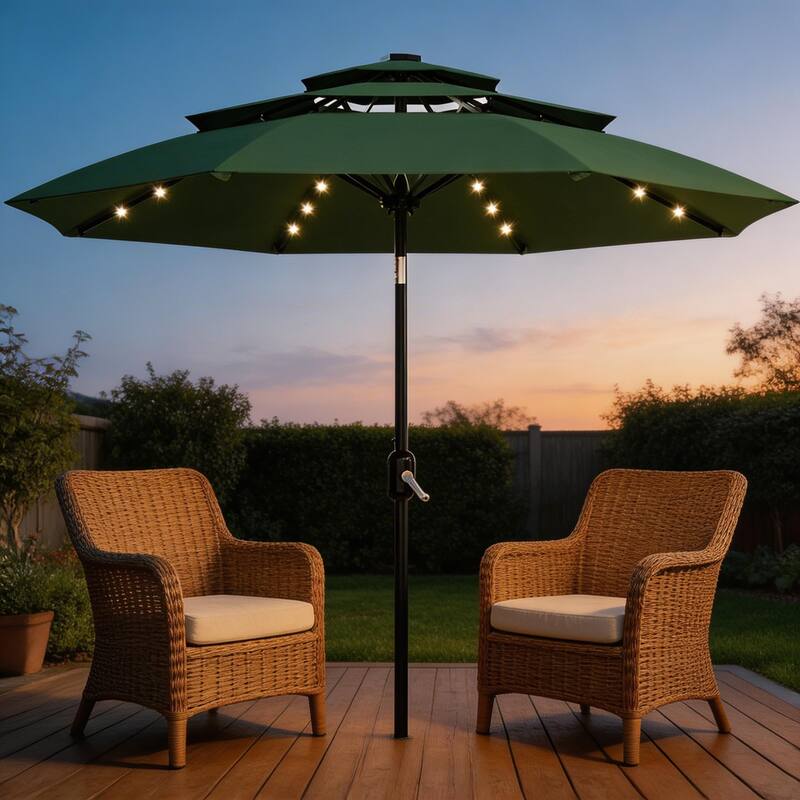 3-Tier Solar Patio Umbrella, with LED Lights and Vents - Dark Green