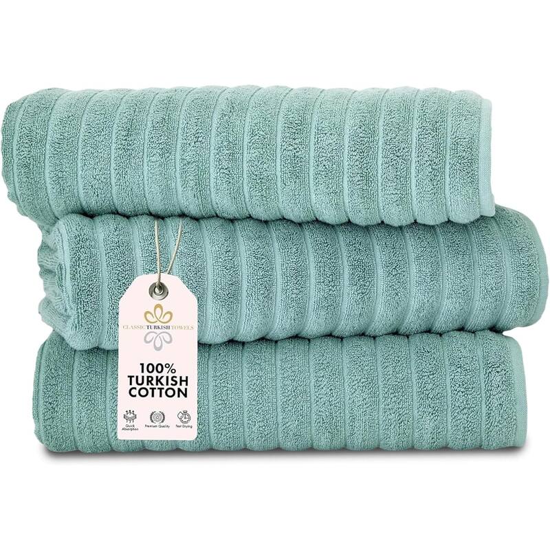 Classic Turkish Towels 100% Turkish Cotton Bath Sheets Plush Ribbed 3 Piece 40x65" - 40x65 - SPA Green
