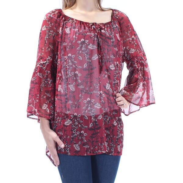 STYLE & CO Womens Burgundy Sheer Tie Floral Bell Sleeve V Neck Peasant Top Size: OX
