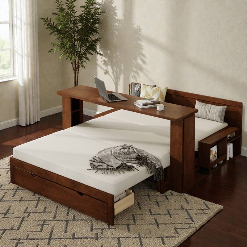 Full Size Daybed with Removable Desk, Storage Drawers & Hydraulic Side Table, Multi-Functional Sofa Bed for Small Spaces