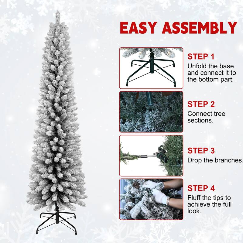 6FT Flocked Pencil Christmas Tree-Slim PVC Tree with 358 Snowy Tips, Space-Saving Design,Realistic Snow Effect