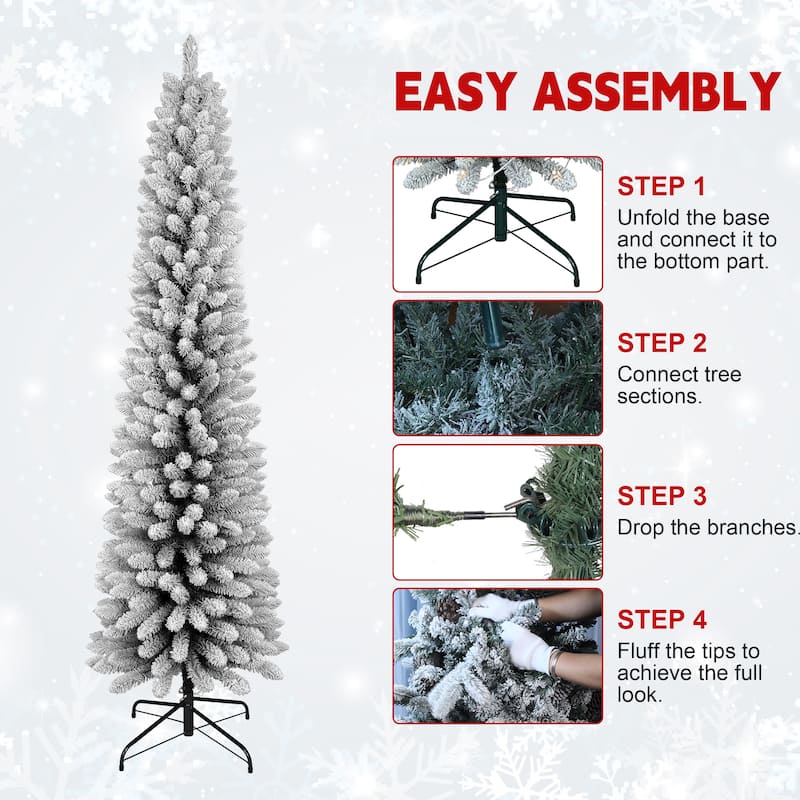 7FT Flocked Pencil Christmas Tree-Slim PVC Tree with 469 Snowy Tips,Space-Saving Design,Realistic Snow Effect
