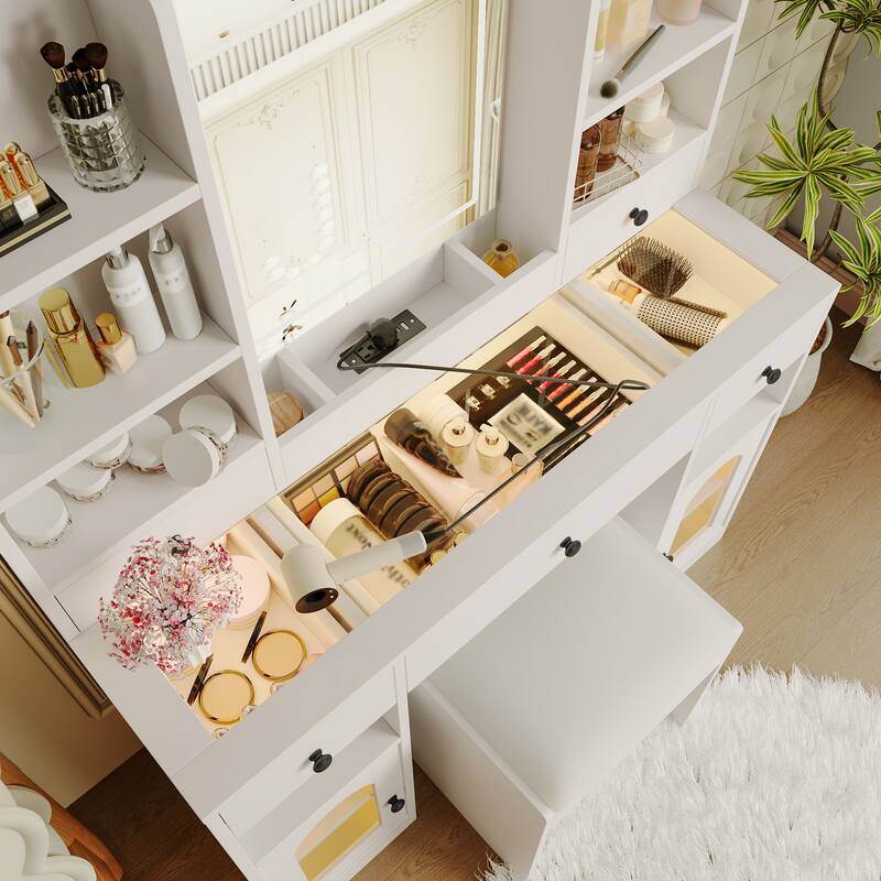 43.2" Vanity Desk with LED Mirror and Lights, Dressing Table with 5 Drawers ,Storage Shelves and Stool for Bedroom, White