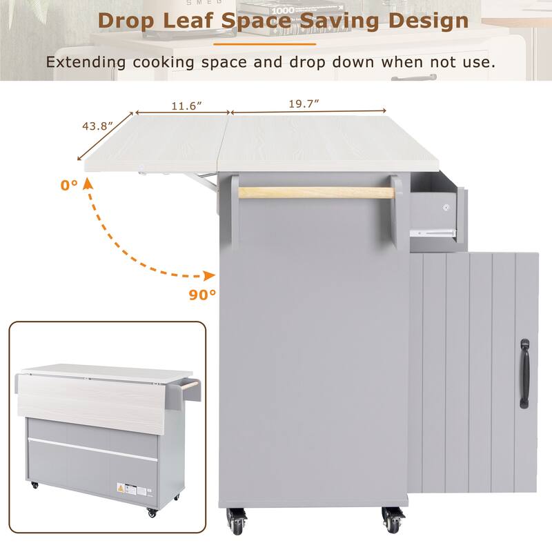 Kitchen Island with Trash Can Storage Cabinet,Kitchen Cart with Drop Leaf