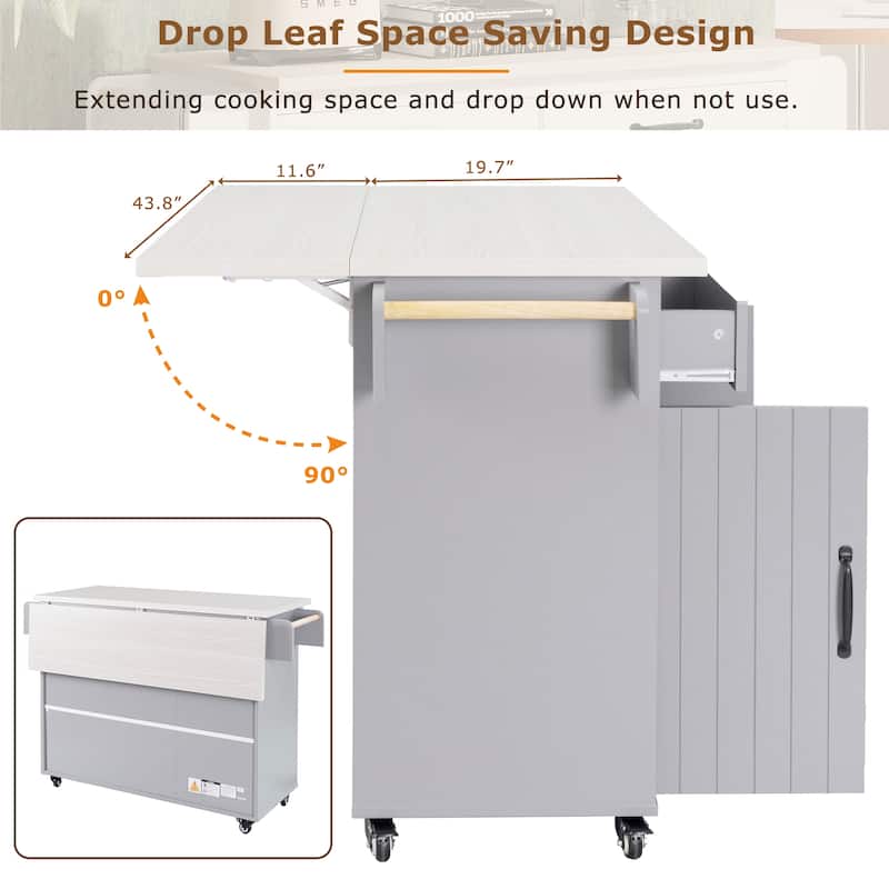 Rolling Kitchen Island with Trash Can Storage Cabinet, Kitchen Cart with Drop Leaf, Spice Rack, Towel Rack and Drawer