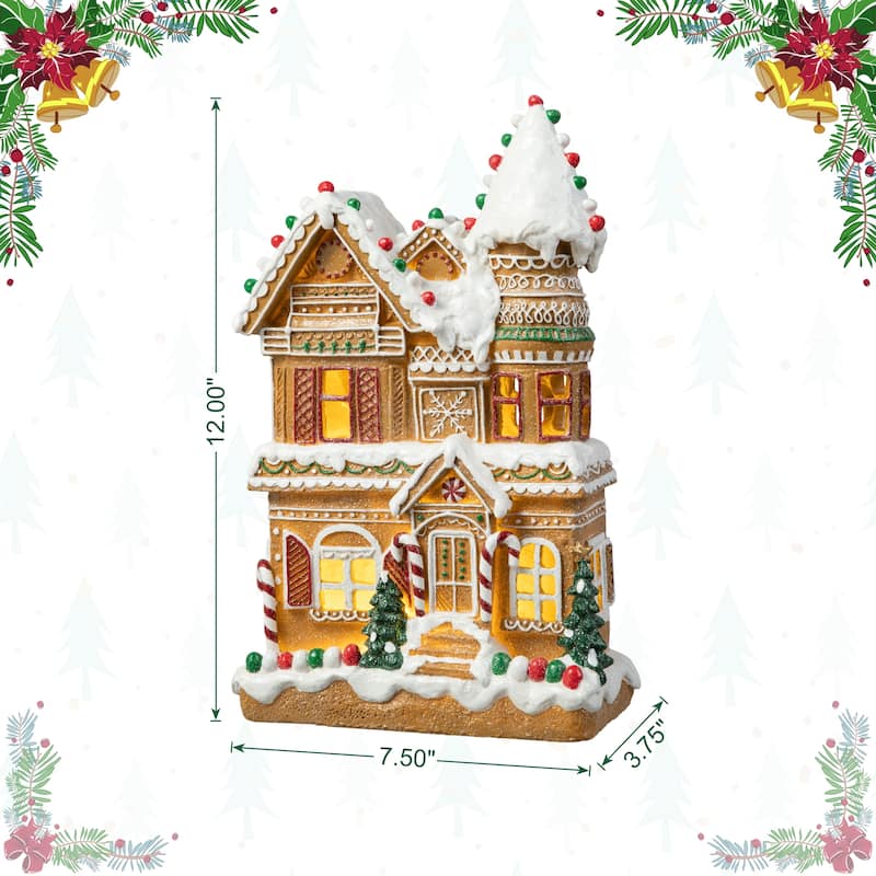 Glitzhome Lighted Christmas Gingerbread House Resin Village Xmas Table Decor Collectible Figurines