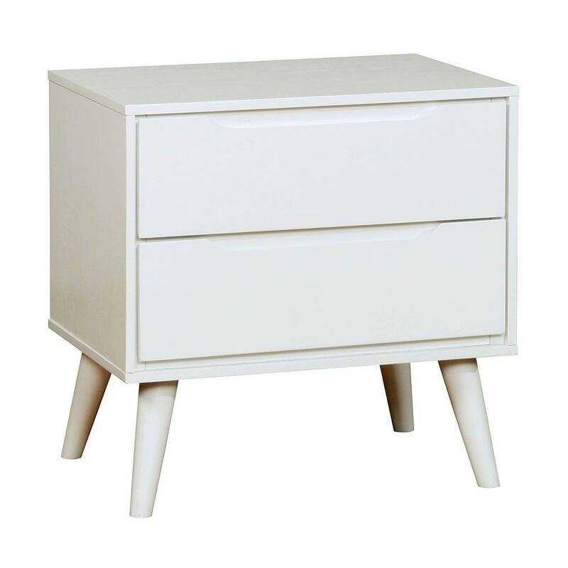 Mid-Century Modern White Nightstand with Round Tapered Legs and 2 Drawers