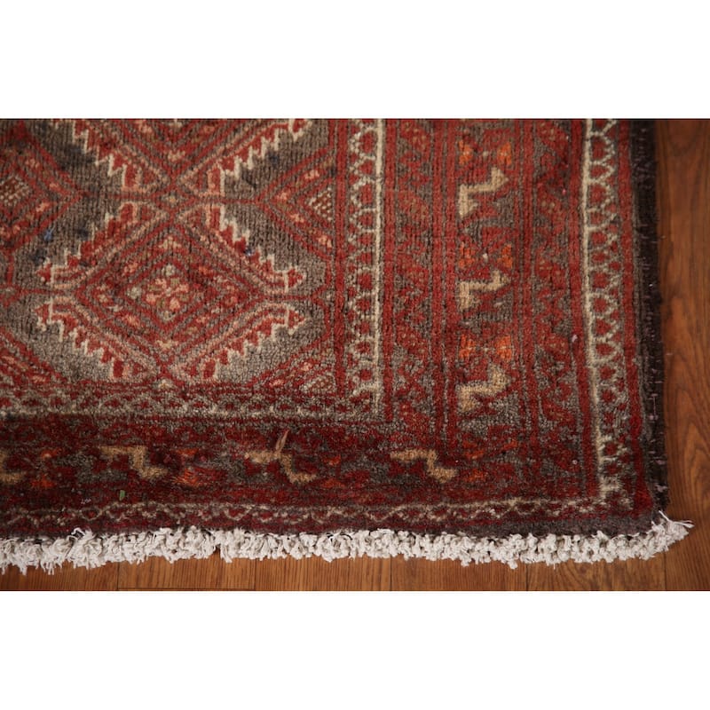 Geometric Balouch Persian Vintage Runner Rug Handmade Wool Carpet - 3'3"x 9'5"