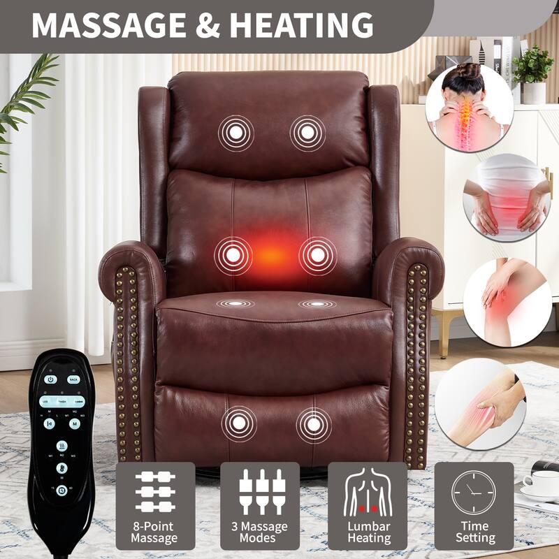 Manual Recliner Chair with Heat & Massage, Genuine Leather Swivel Recliner Chair, Lounge Sofa Chair with Side Pockets