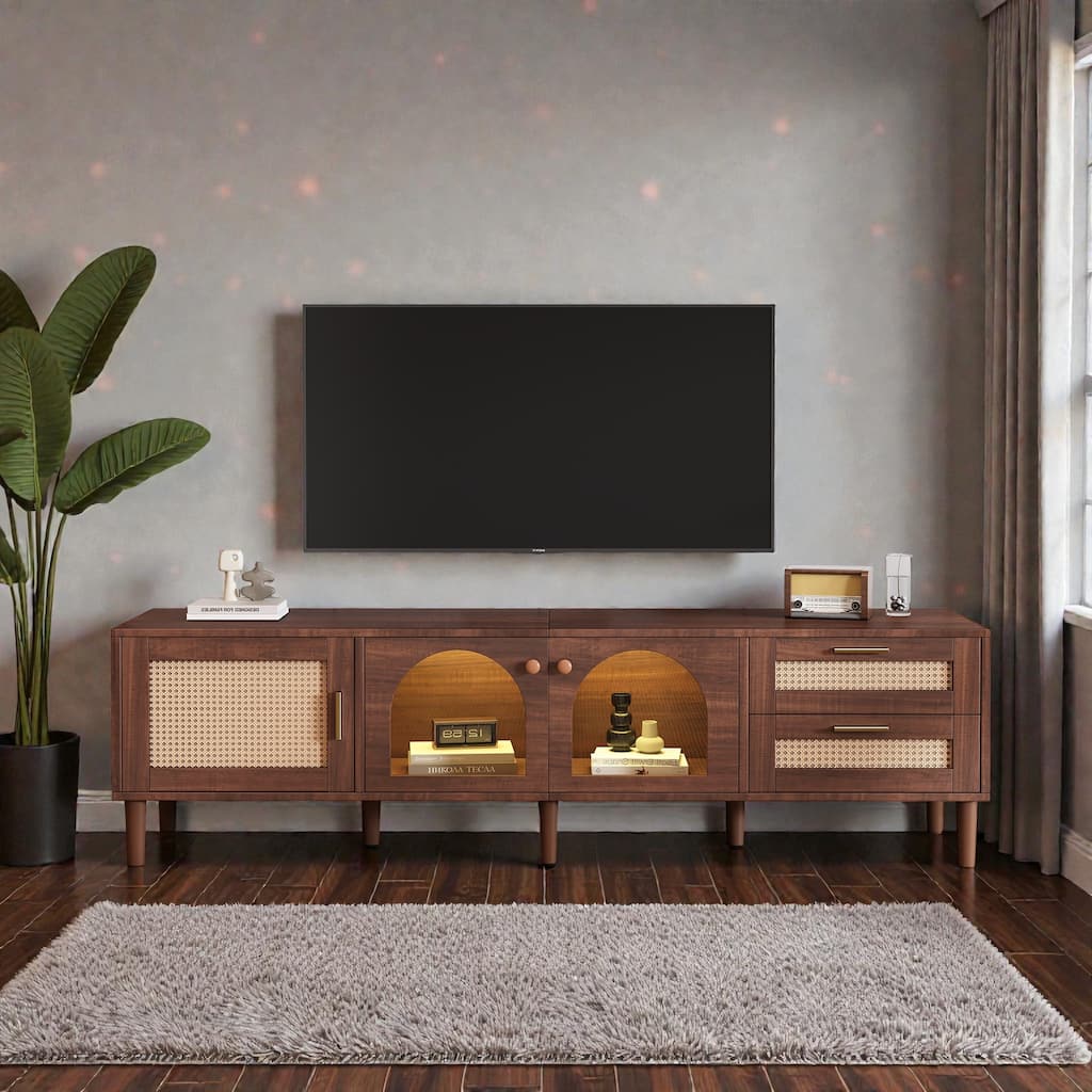 70.8" TV Stand for TVs up to 80 Inch, Media Console with App Controlled LED Lights, Rattan Doors & Drawers