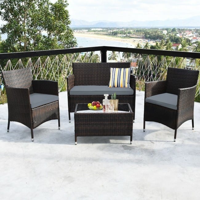 Rattan Patio Conversation Furniture Set with Glass Table and Comfortable Sofa - 4 Pcs
