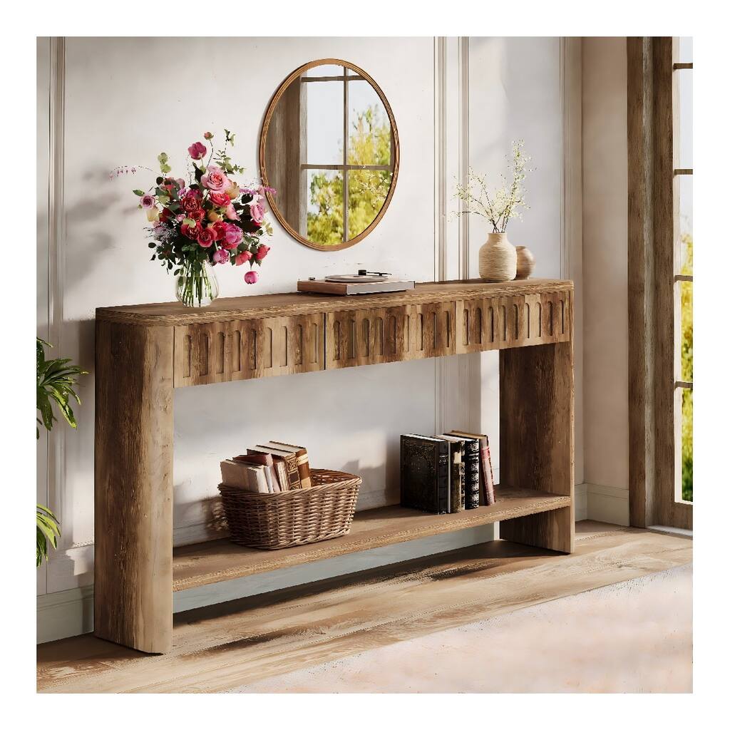 63" Rustic Sofa Console Table with 3 Drawers & Open Shelf for Entryway & Living Room