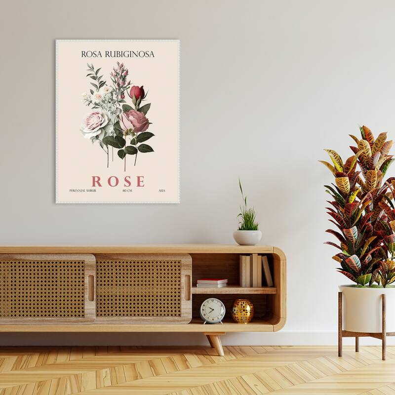 Vintage Botanical Rose Illustration by Christopher Giampietro Framed Canvas Wall Art Print