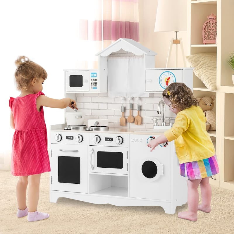 Wooden Kids Kitchen with Washing Machine - 31" x 12" x 35" - White