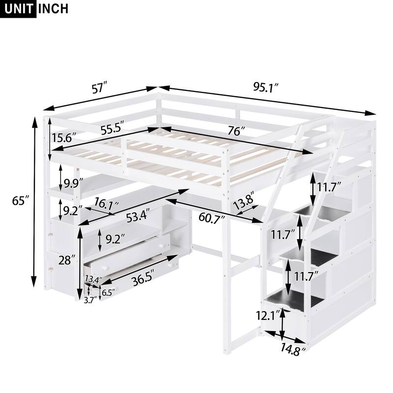Full Size Loft Bed with Desk, Shelves, Drawers, and Storage Staircase in White
