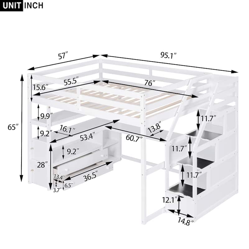 Full Size Loft Bed with Desk and Shelves, Two Built-in Drawers, Storage Staircase, Gray - N/A