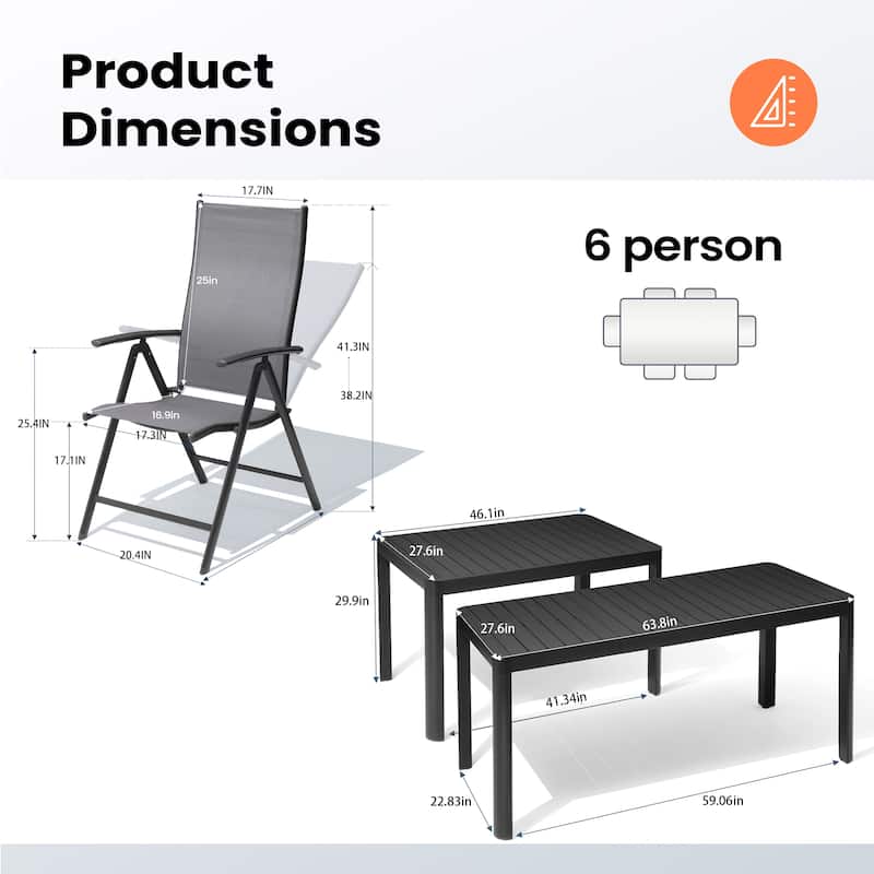 Outdoor Dining Table Aluminum Extendable Table with Durable Adjustable Reclining Folding Chair - N/A