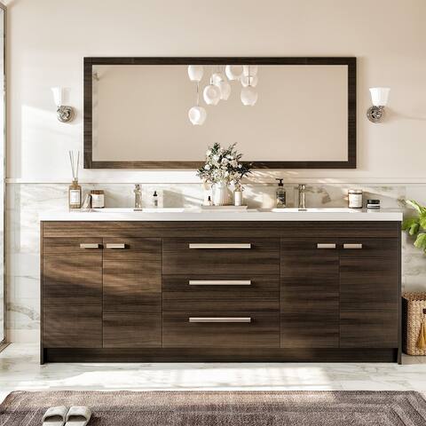 Eviva Lugano 84 inch Gray Oak Modern Double Sink Bathroom Vanity with White Integrated Acrylic Top
