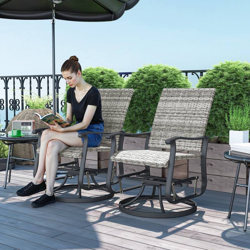 Set of 2 Rattan Gliding Chairs Swivel and Glide Indoor Outdoor Patio Garden with High Back and Steel Frame