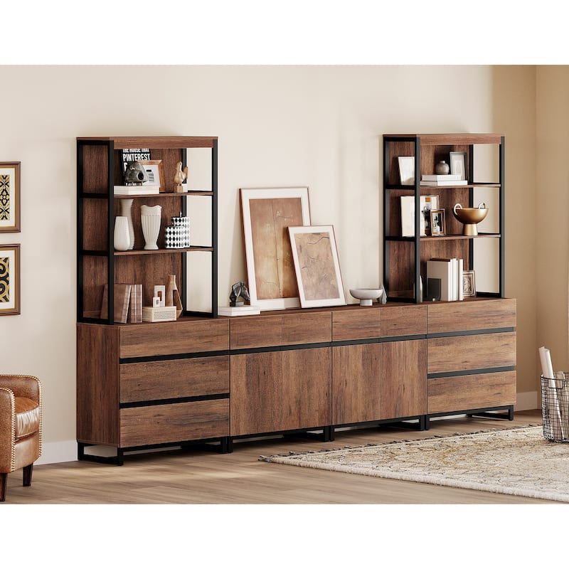 WAMPAT Modern Entertainment Center with 3 Tiers Bookshelf, Farmhouse TV Stand with 2 Storage Cabinets and 6 Drawers