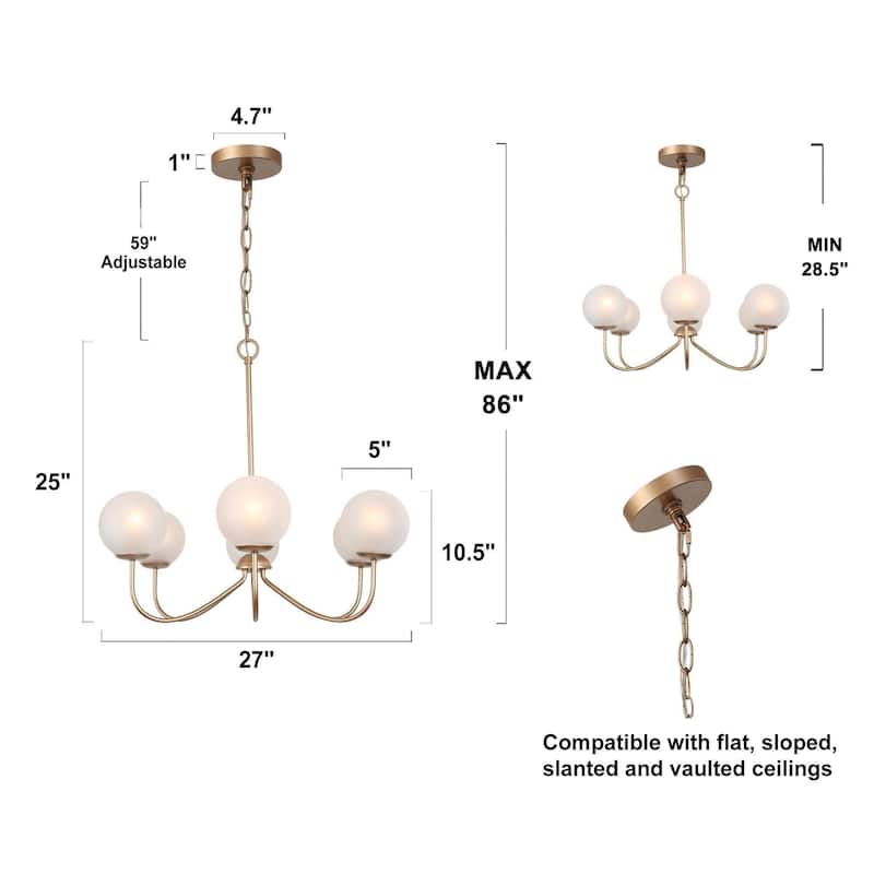 Modern 6-Light Gold Glass Chandelier Lights for Dining Room Bedroom - D27"xH25"