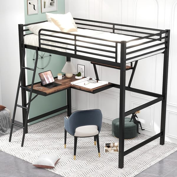 slide 2 of 12, Modern Twin Size Metal&MDF Loft Kids Bed with Built-in Desk and Shelf Black
