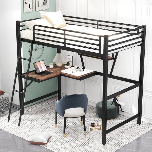 slide 2 of 12, Twin Size Loft Bed Metal & MDF Frame Guardrail Bed with Built-In Desk and Shelf, No Box Spring Needed Black