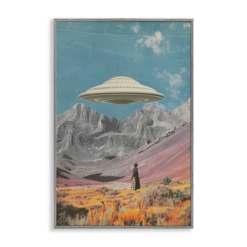 Stupell UFO over Mountain Valley Framed Giclee Art Design By Wumples - 20 x 30 - Grey