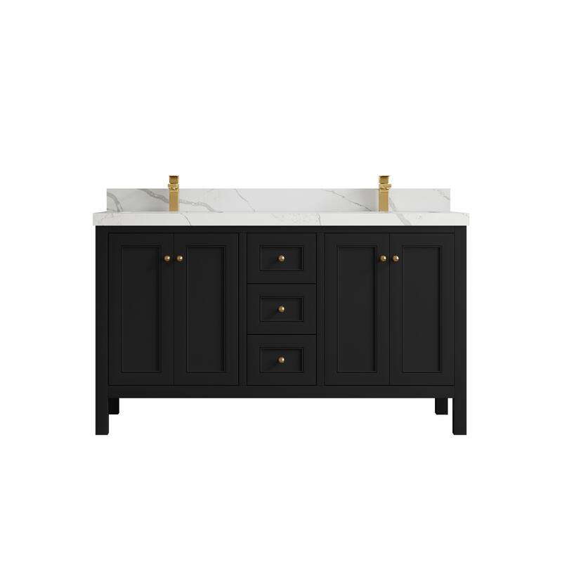 Willow Collections 60 in. W x 22 in. D Nashville Double Bowl Sink Bathroom Vanity with Countertop - 2”Calacatta Laza - Black
