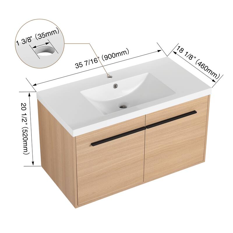 GDFStudio - Levistar Modern Wall-Mounted Bathroom Vanity Set with Scratch-Resistant Resin Sink & Soft Close Doors