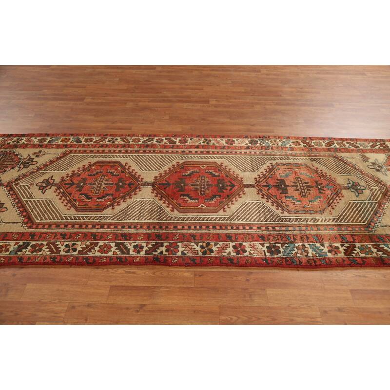 Hand Knotted Oriental 100% Wool Carpet Traditional Geometric Brown Ardebil Runner Rug - 10' 5'' X 3' 7''
