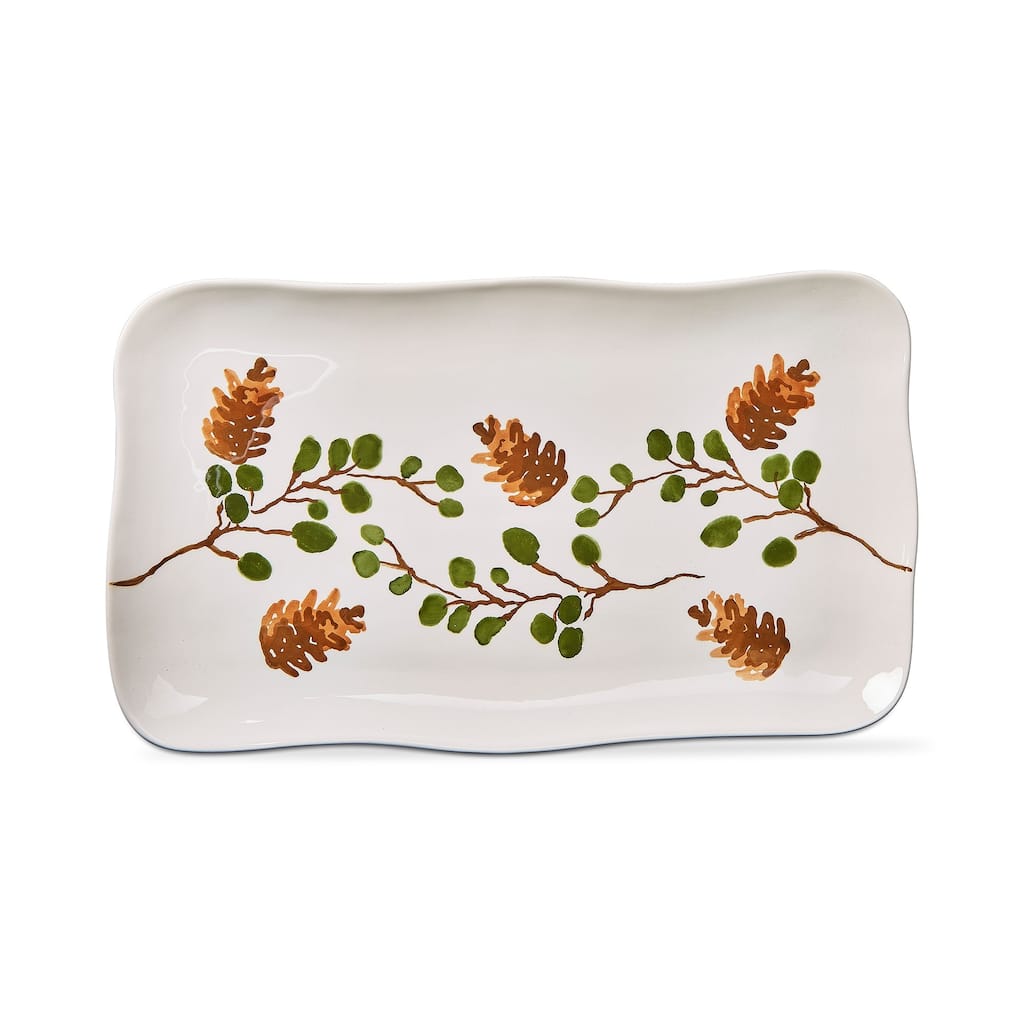 Pinecone Sprig Rectangular Serving Platter - Multicolor Ceramic, Dishwasher Safe, 17" L x 10" W x 1" H, Winter Decor
