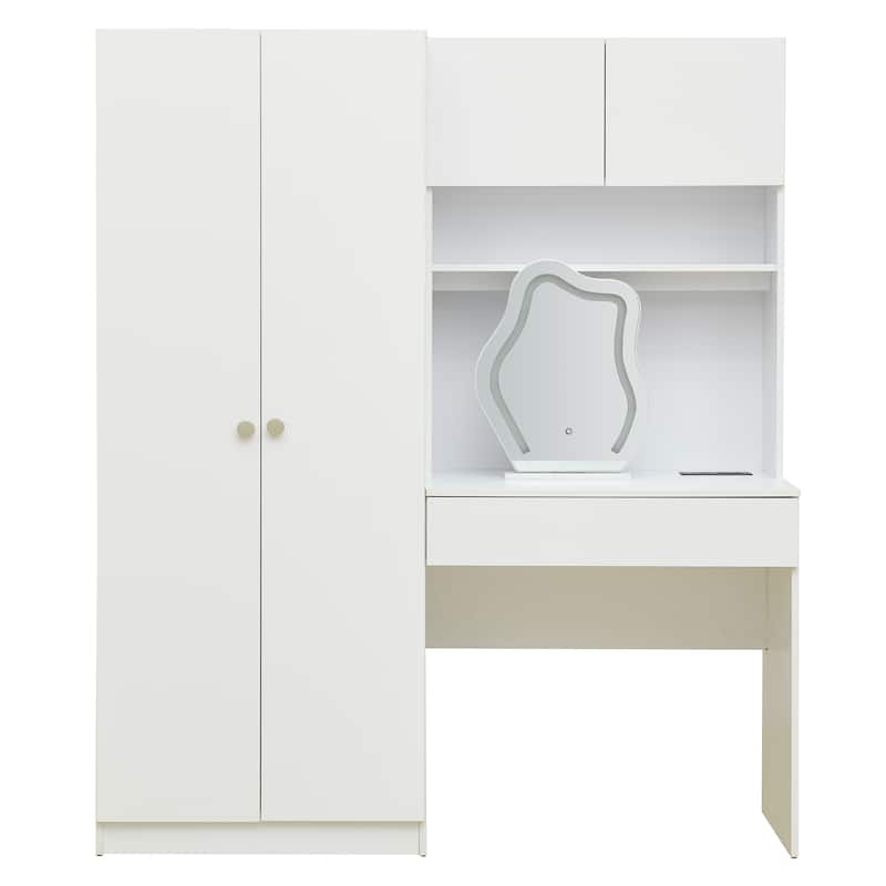 Roomfitters 2-Door Wooden Vanity Wardrobe with Makeup Mirror, Storage Shelves and Drawers