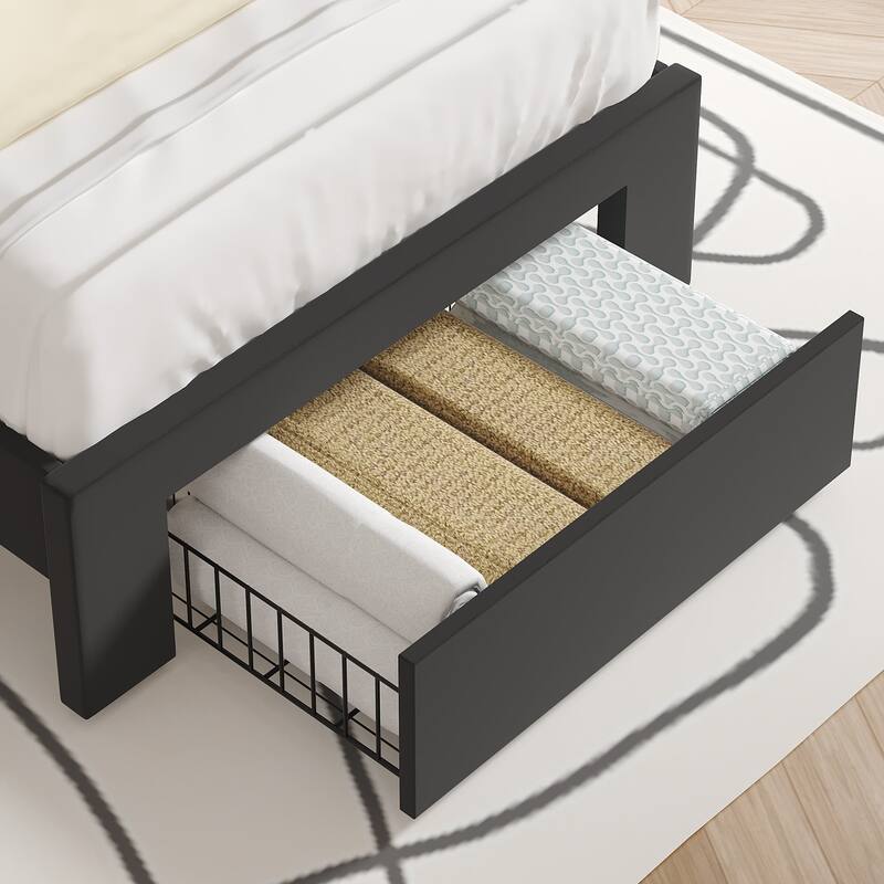 Black Bed Frame with 4 Storage Drawers, Upholstered Platform Bed Frame with Adjustable Headboard