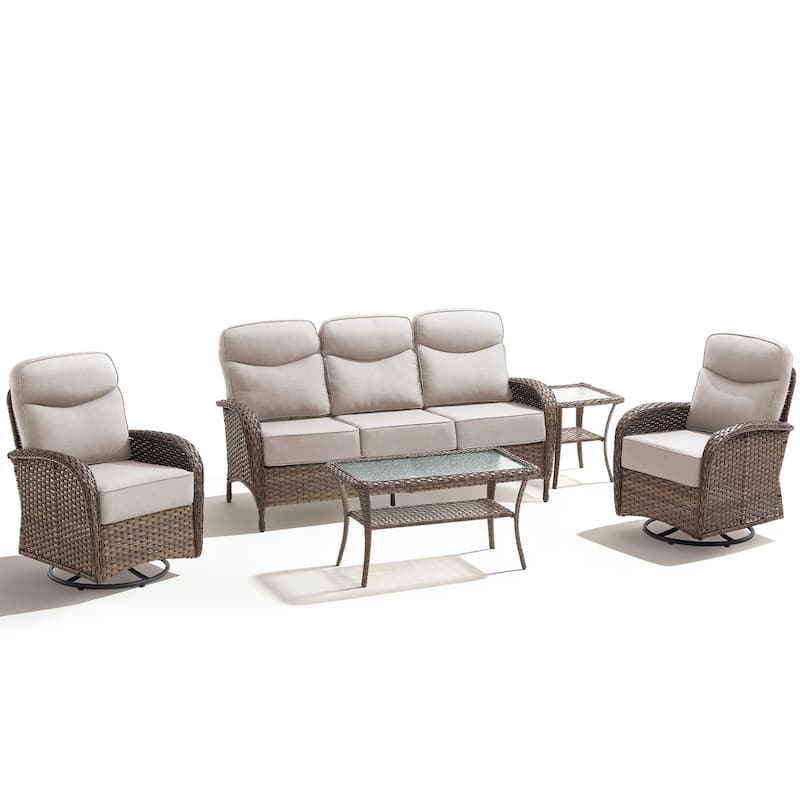 Meyreso 5-Piece Wicker Patio Conversation Set with Swivel Gliders and 6-Inch Thick Olefin Cushions