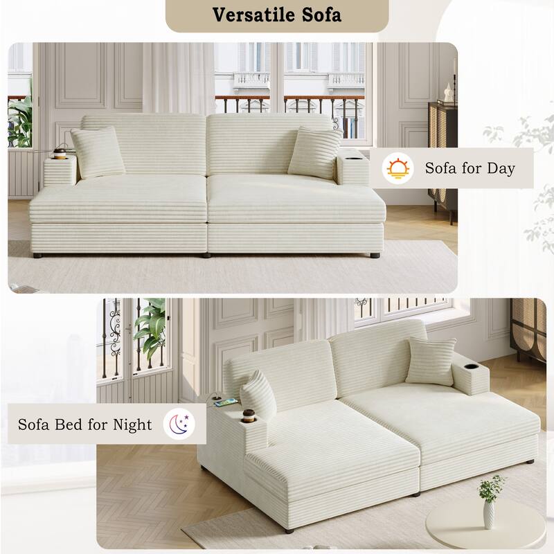 86.5" Corduroy Chaise Lounge Sofa with 2 USB Ports, Cup Holders, and 550lb Capacity