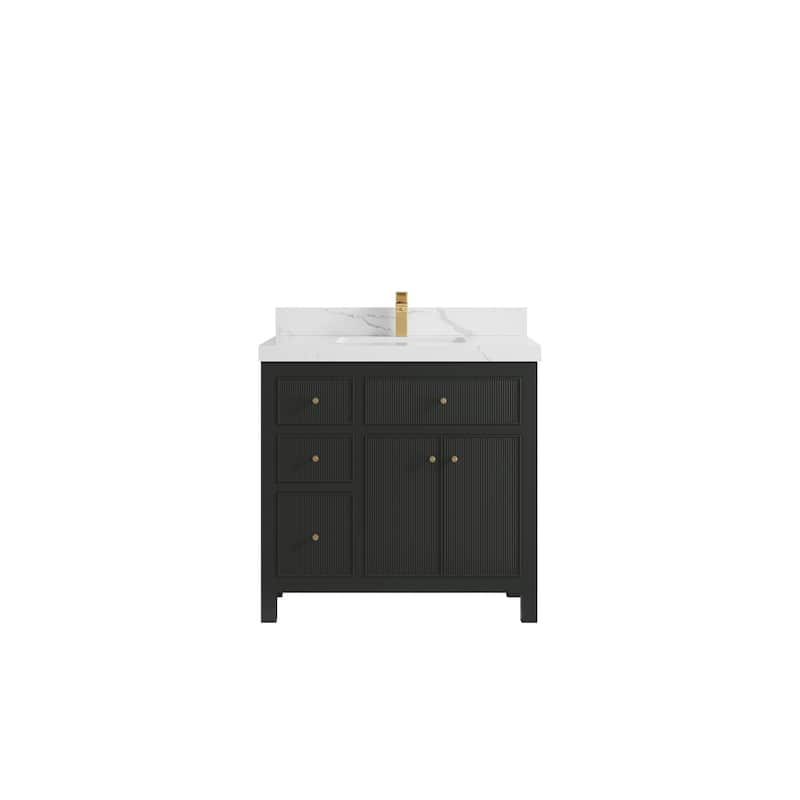 Willow Collections 36 in W x 22 in D Sonoma Center Sink Free Standing Reeded Bathroom Vanity with Countertop - 2" Calacatta Laza - Black Top